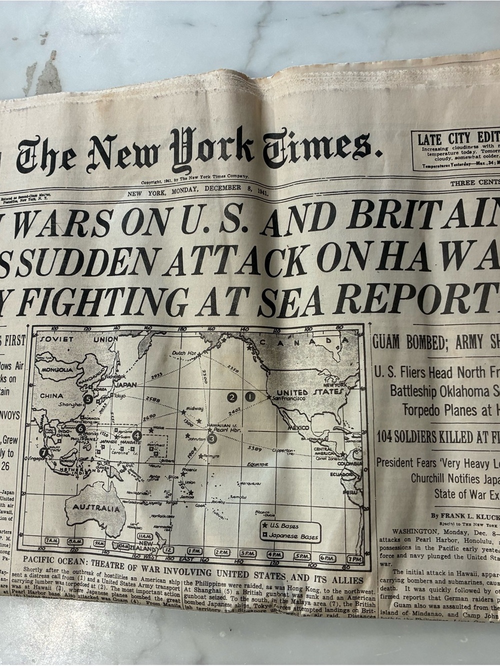 The New York Times December 8, 1941 Japan Attacks Pearl Harbor WWII Newspaper